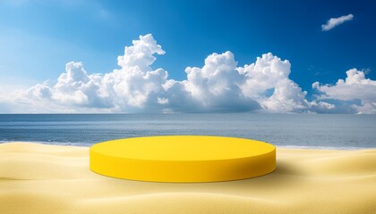 Poster - 3d yellow podium with copy space for product display presentation on beach with blue sky and white clouds background tropical summer and vacation concept graphic rendering design