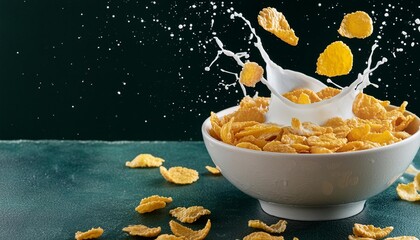 Wall Mural - corn flakes with milk splash in white bowl png