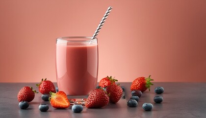 Sticker - strawberry smoothie in glass with straw and scattered berries on pink background