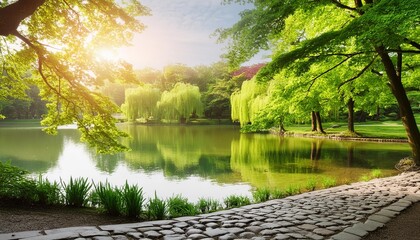 Poster - beautiful colorful summer spring natural landscape with a lake in park surrounded by green foliage of trees in sunlight and stone path in foreground