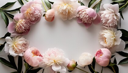 Poster - border frame made of pink and beige peonies flower and isolated on white background flat lay top view frame of flowers