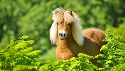 Poster - portrait of beautiful miniature shetland breed pony in summer