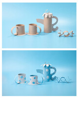 Wall Mural - a couple of rolls of toilet paper craft sitting on top of a table, a still life, teapot, cut out of cardboard, coffee cups, children activity, simple elegant design, DIY, blue theme