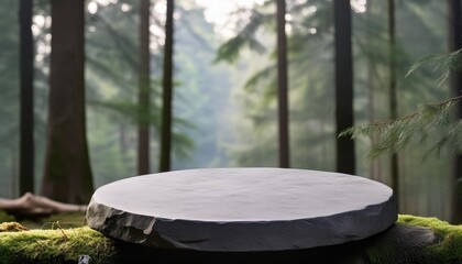 Poster - flat stone podium in the magical forest empty round stand background