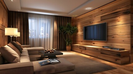 Wall Mural - modern wooden living room with television on wall