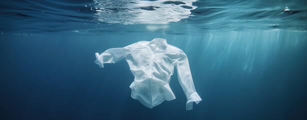 A commercial advertisement style showcasing cleaning clothes in a washing machine or with detergent liquid, featuring floating shirts and dresses underwater surrounded by bubbles, wet splashes