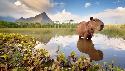 Wall Mural - capybara hydrochoerus hydrochaeris standing in swamp water los llanos colombia