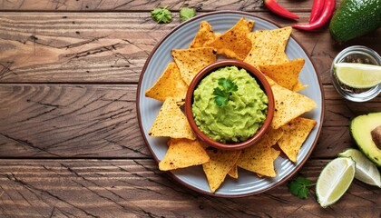 Canvas Print - guacamole with nachos on plate mexican traditional food rustic style top view copy space