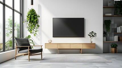 Wall Mural - Mockup a TV wall mounted with armchair in living room with a white wall.3d rendering
