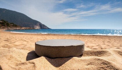 Sticker - empty stone podium on sandy beach with sea in background perfect for product placement