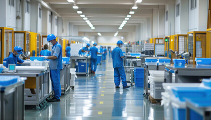 Wall Mural - People working in a factory may be engineers managing machines or employees on the floor