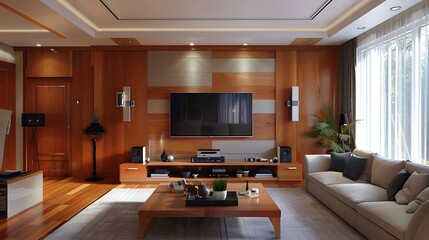 Wall Mural - modern wooden living room with television on wall