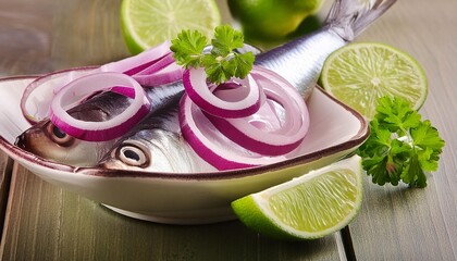 Canvas Print - herring with red onion lime and parsley