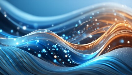 Poster - digital illustration of flowing abstract waves with a gradient of blue to orange colors and sparkling lights