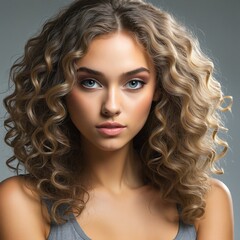 Wall Mural - Portrait of a Caucasian woman with curly hair, expressing a range of emotions in a studio setting