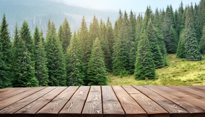 Poster - empty wooden table for product display background banner and product advertisement mock up with a beautiful spruce forest behind ai generated