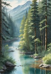 Wall Mural - Artistic watercolor designs of scenic nature landscapes, abstract jungles, and flowing rivers