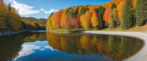 Wall Mural - Scenic view of the vibrant autumn colors reflected in the tranquil lake