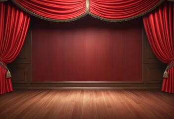 Vibrant red velvet curtains set the dramatic stage for a luxurious entrance, with a wooden floor and AI generative illustration adding an element of modern design to the classic theatre background