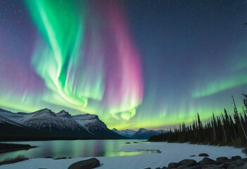 Wall Mural - Snowy winter skies illuminate the magnetic beauty of the northern lights over the rocky island beach