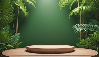 Wall Mural - Wooden platform with leafy green wall backdrop for showcasing products in a minimalist studio setting