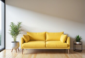 Wall Mural - Stylish and modern Scandinavian-inspired interior design featuring a cozy yellow sofa, wooden table, and plant in a bright and airy living room setting