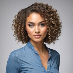 Wall Mural - Portrait of a Caucasian woman with curly hair, expressing a range of emotions in a studio setting