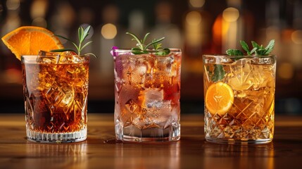 In glasses, a selection of hard strong alcoholic drinks is displayed on the bar counter