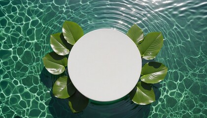 Wall Mural - refreshing poolside display with shimmering water surface, lush greenery, and elegant white circle s