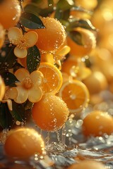 Wall Mural - Fresh Oranges Falling Into Water With Blossom Flowers