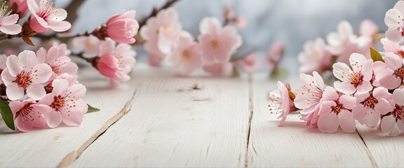 Wall Mural - White wooden  table top with Sakura cherry blossoms on blur background design