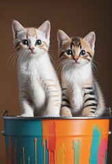 Wall Mural - Two cute kittens standing on color bucket