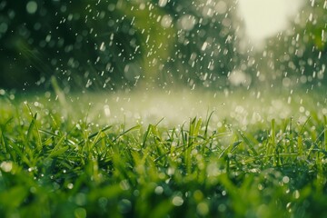 Poster - Rain is falling on lush green grass in the garden