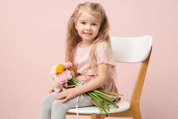 Sticker - Cute little girl with bouquet of beautiful ranunculus flowers sitting on chair against pink background