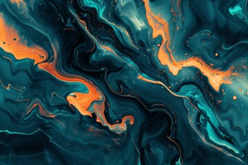 Aufkleber - Abstract painting with blue and orange acrylic paint flowing