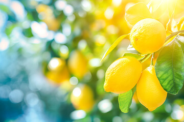 Wall Mural - Bunch of fresh ripe lemons on a lemon tree branch in sunny garden