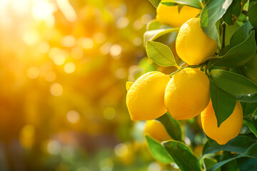 Wall Mural - Bunch of fresh ripe lemons on a lemon tree branch in sunny garden