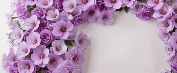 Wall Mural - Background of purple flowers with empty space for text, greeting card design or banner