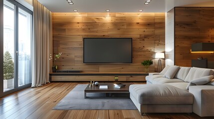 Wall Mural - modern wooden living room with television on wall