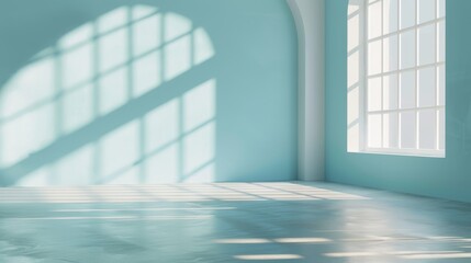 Wall Mural - 3D rendering of an empty white room with a window and light rays.