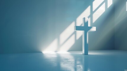 Canvas Print - Three-dimensional rendering of a cross in a white room with a window.