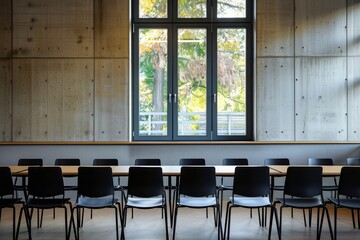 Interior of modern conference room with black chairs and wooden walls.