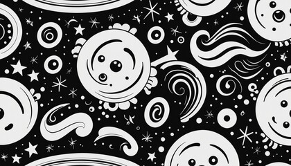 Poster - Black and white retro cartoon doodle  pattern 