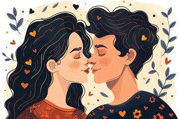 Canvas Print - Intimate illustration of a couple kissing in a floral setting symbolizing love and connection in a beautiful artistic design