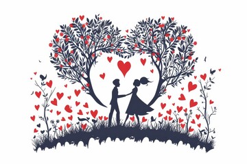 Canvas Print - Heartwarming illustration of a couple under a tree with hearts symbolizing love and nature in a charming artistic design