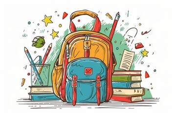 Sticker - Whimsical illustration of a backpack with school supplies symbolizing education and adventure in a playful artistic design