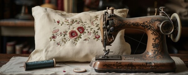 A vintage sewing machine with a spool of thread and a half-finished embroidered pillowcase (realistic)