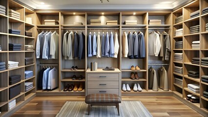 walk in closet with shirts and pants hanging up on hangers and shoes on the shelving