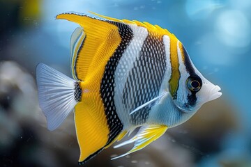 A fish with a yellow stripe on its body is swimming in a tank. The fish is surrounded by water and he is in a peaceful environment
