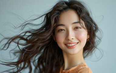 Wall Mural - A young Asian woman with long, wavy brown hair smiles as the wind blows through her locks